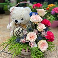Baby Pink Birthday Basket with a Bear 